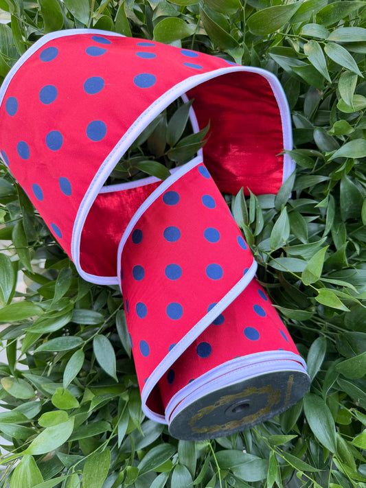 POLKA DOT JACQ/METALLIC DUPION FUSED/TAFFETA PIPING 4"X10YD RED/BLUE HEAVY WIRED RIBBON