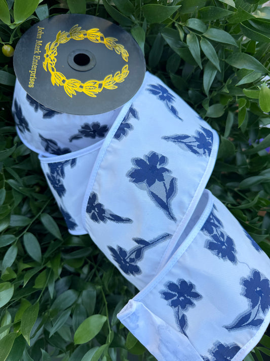 FLORAL SHEER JACQ/FUSED TAFFETA/PIPING 4"x10YD NAVY/WHITE HEAVY WIRED RIBBON