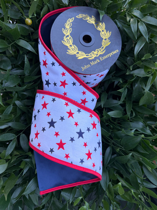 USA STARS DIGITAL/TAFFETA FUSED/ PIPING 4"x10YD RED/WHITE/BLUE HEAVY WIRED RIBBON