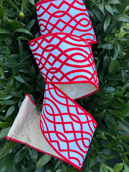 GEO LOOPED EMBR CANVAS/SPLASH FUSED 4"X5YD WHITE/RED HEAVY WIRED RIBBON