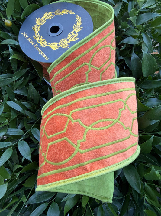 GEO THREAD EMBR DIVINE VELVET/FUSED TAFFETA BACK/PIPING 4"X5YD RUST/GREEN HEAVY WIRED RIBBON