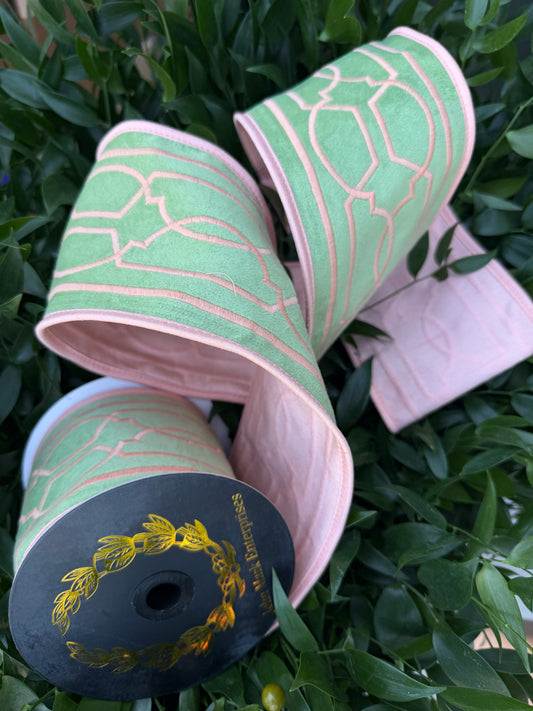GEO THREAD EMBR DIVINE VELVET/FUSED TAFFETA BACK/PIPING 4"X5YD GREEN/PEACH HEAVY WIRED RIBBON