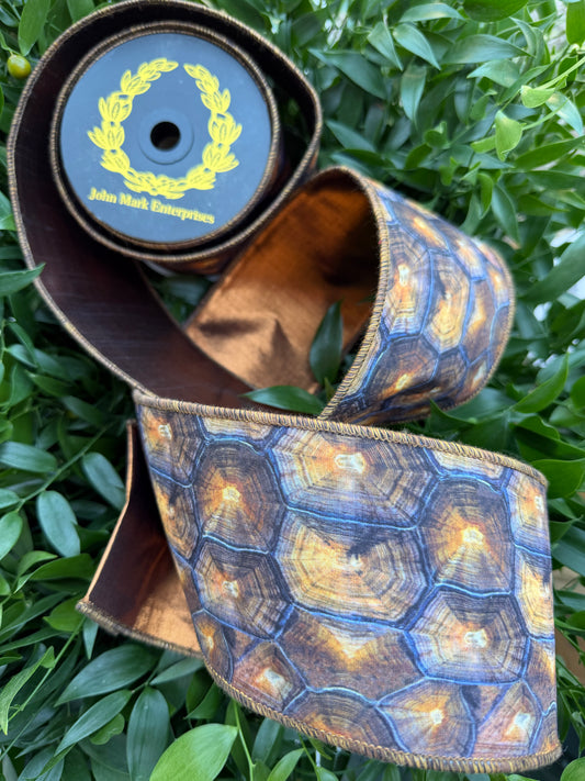 TORTOISE SHELL DIGI PRINT/DUPION FUSED 4"x10YD BROWN HEAVY WIRED RIBBON