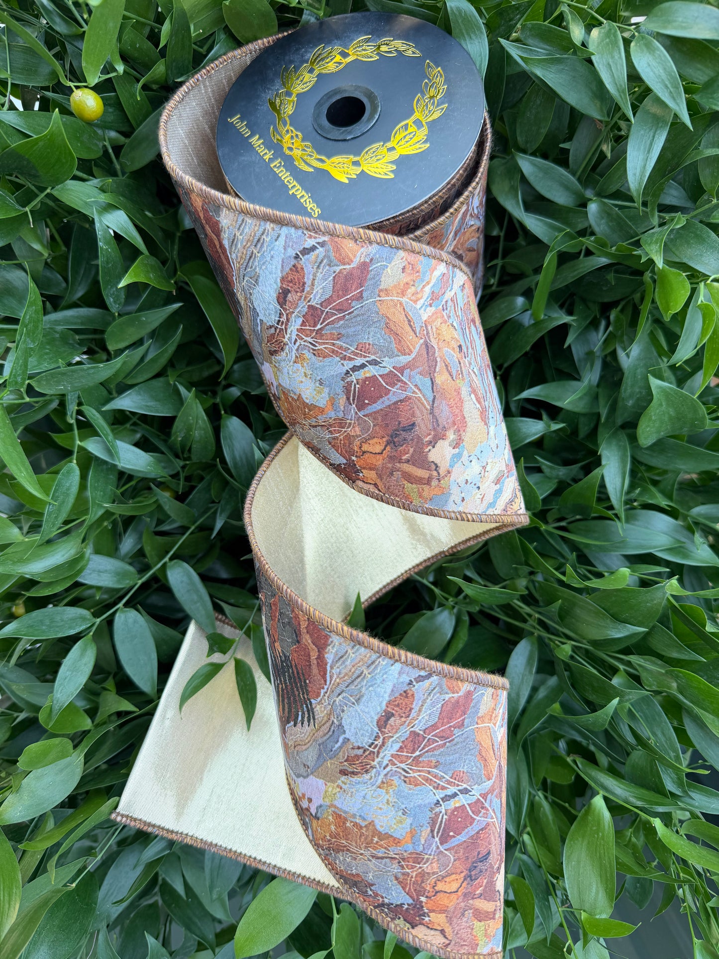 MARBLE PAPER DIGI PRINT/DUPION FUSED 4"x10YD MULTICOLOR/GOLD HEAVY WIRED RIBBON