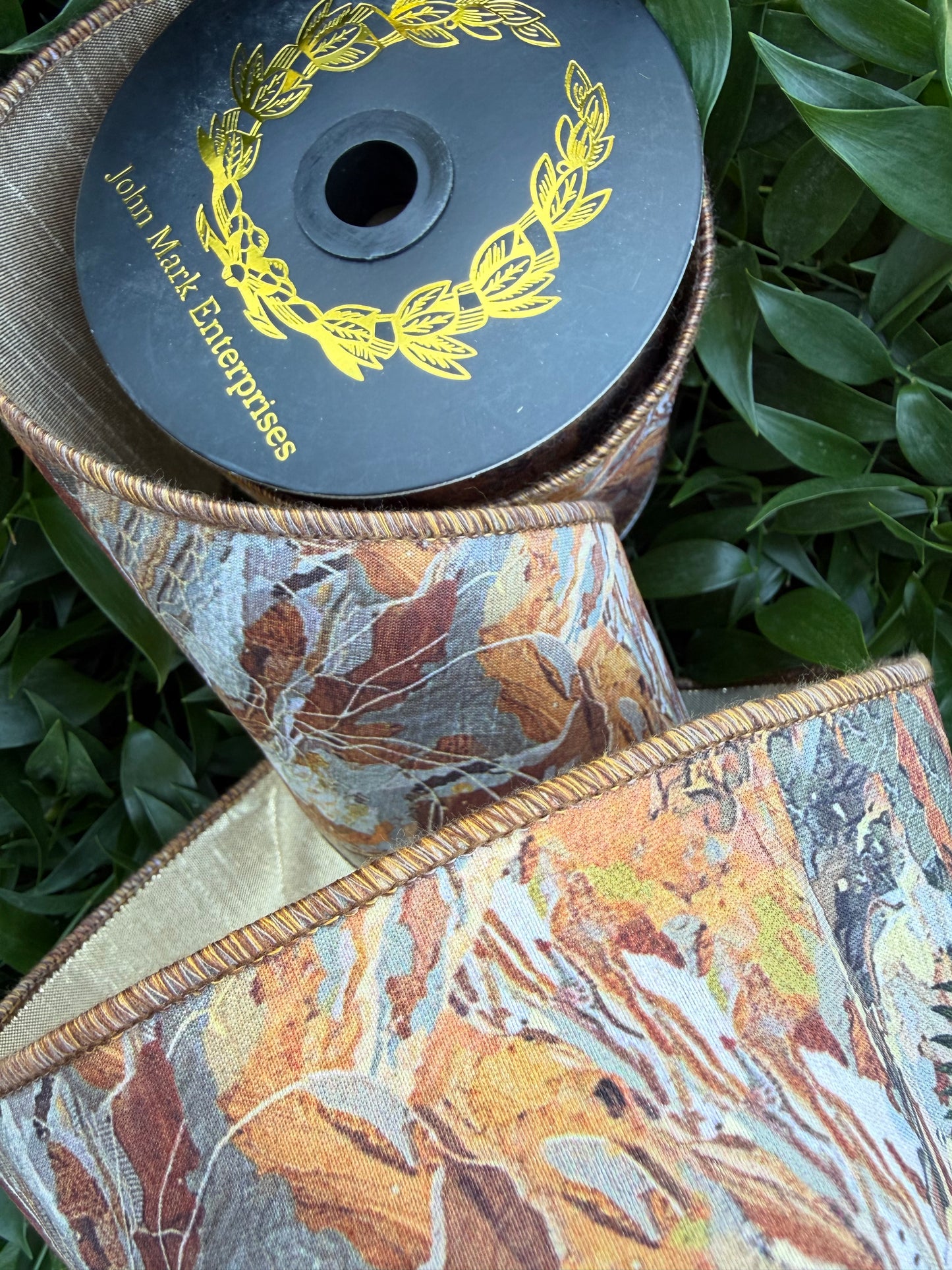 MARBLE PAPER DIGI PRINT/DUPION FUSED 4"x10YD MULTICOLOR/GOLD HEAVY WIRED RIBBON