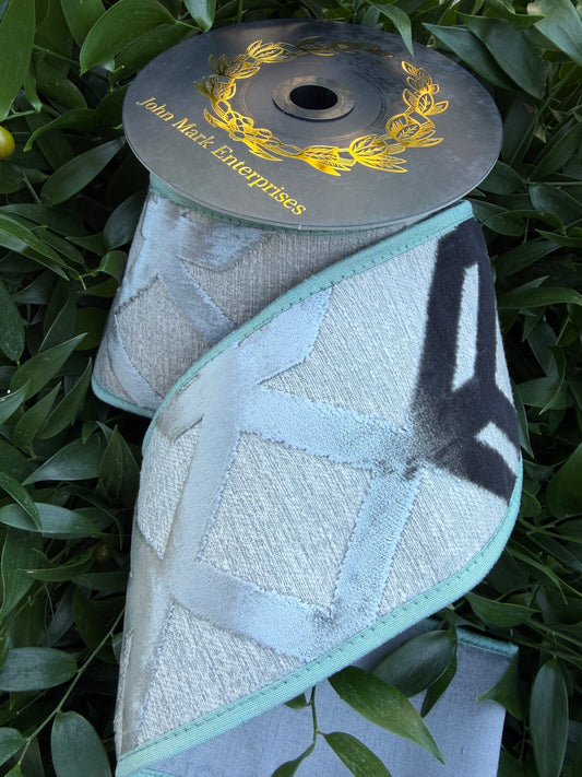GEO VELVET CUT/DUPION FUSED/PIPING 4"x5YD GRAY HEAVY WIRED RIBBON