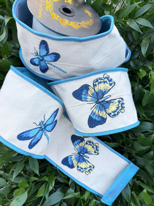 BUTTERFLY/DRAGON FLY EMBR CANVAS/DUPION FUSED/PIPING 4"X5YD NAT/BLUE HEAVY WIRED RIBBON