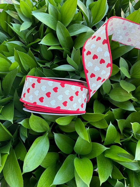 Tweed with Red/White Hearts Wired Ribbon 1.5"x10 YD