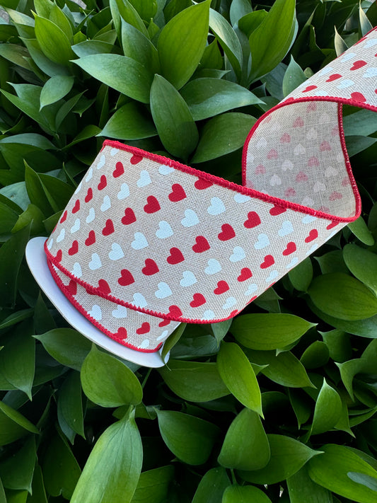 Tweed with Red/White Hearts Wired Ribbon 2.5"x10 YD