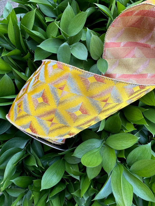Yellow/Blue/Pink Metallic Diamond Pattern Wired Ribbon 4"x 10YDS
