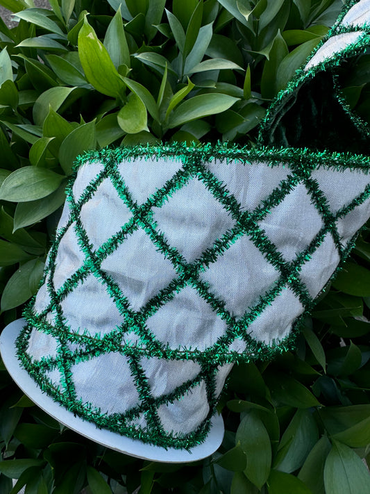 White Tinsel Metallic Dupion with Velvet Green Backing 4 Inch Wide