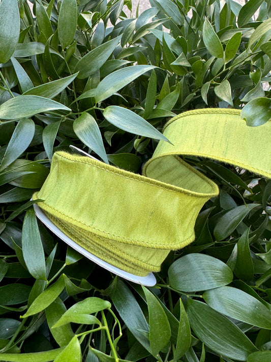 JME heavy wired ribbon. MOSS GREEN Dupion 1.5"x 10YDS