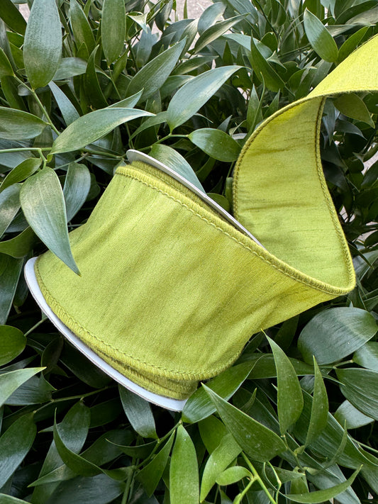JME heavy wired ribbon. MOSS GREEN Dupion 2.5"x 10YDS