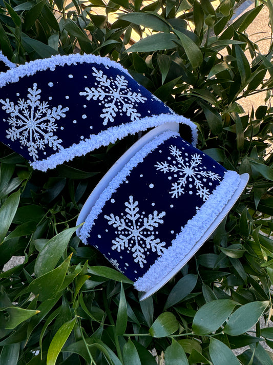 Navy with Silver Snowflakes and White Shag Edge Wired Ribbon 2.5"x 10YDS