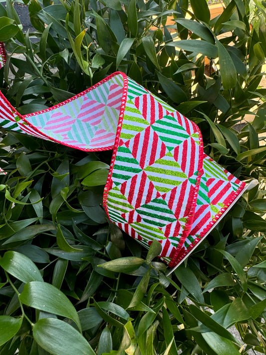 Red/Green/Lime Glitter Striped Check Wired Ribbon 2.5"x 10YDS
