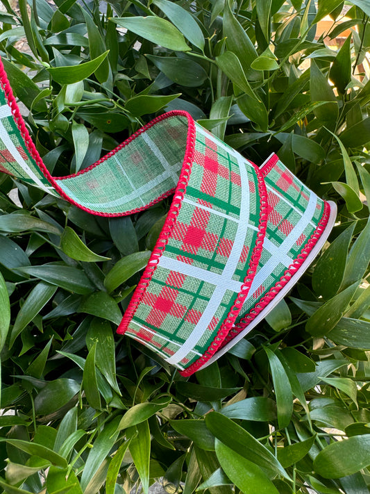 Red/Green/White on Green Plaid Wired Ribbon 1.5"x 10YDS
