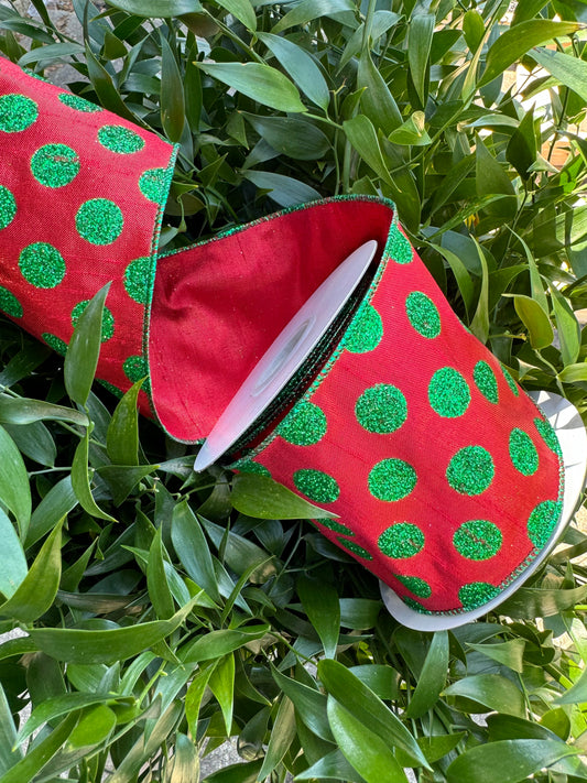 Metallic Red with Green Glitter Polka Dots Wired Ribbon 4"x 10YDS
