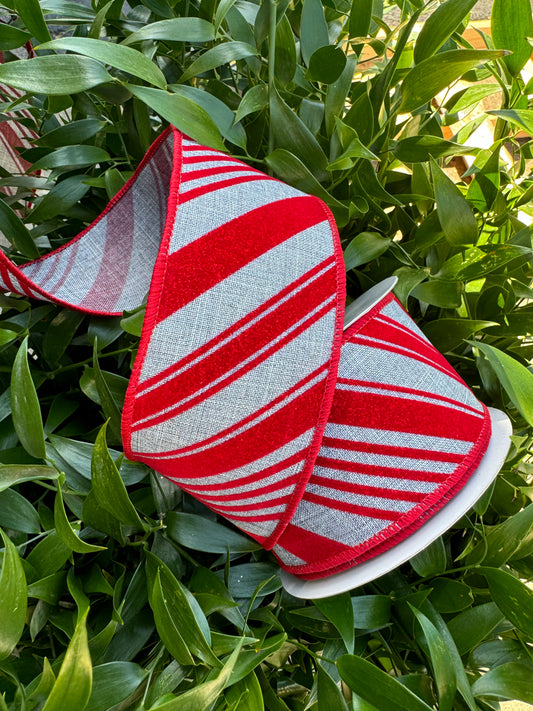 Gray/Red Diagonal Striped Wired Ribbon 2.5"x 10YDS