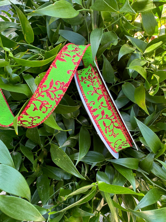 Red Glitter Acanthus Leaf on Green Wired Ribbon 5/8"x 10YDS
