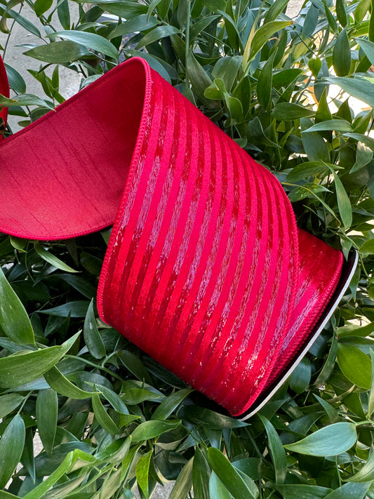 Red Velvet with Metallic Red Horizontal Stripes Wired Ribbon 4"x 10YDS