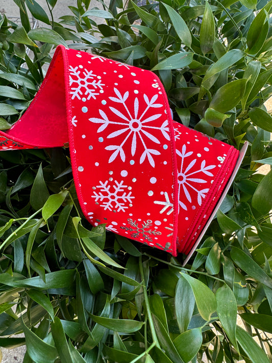 Red with White/Silver Snowflakes Wired Ribbon 2.5"x 10YDS