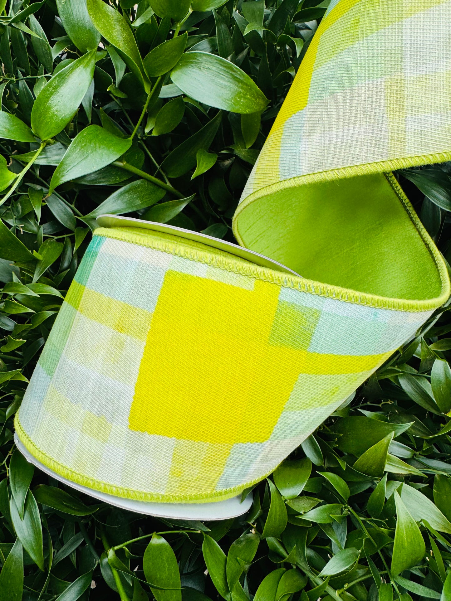 JME heavy wired ribbon. LIME/YELLOW Abstract Plaid with Lime Dupion Back 4"x 10YDS