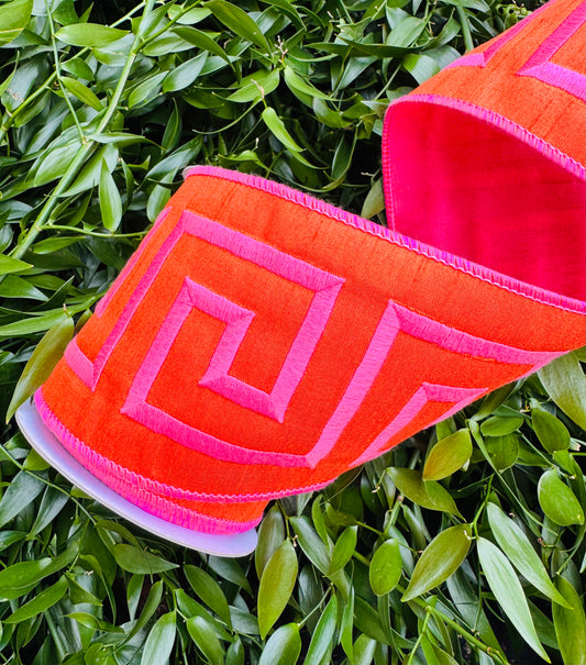 JME heavy wired ribbon. PINK/ORANGE Embroidered Greek Key Pattern 4"x 5YDS