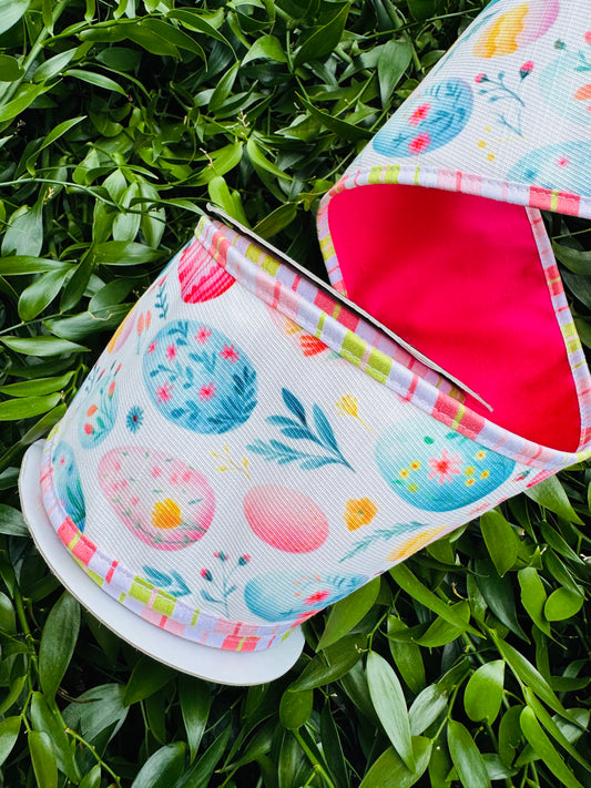 JME heavy wired ribbon. Easter Eggs with Pink/Lime Striped Trim and Hot Pink Back 4"x 10YDS