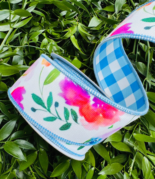 JME heavy wired ribbon. Watercolor Florals with BLUE/WHITE Check Dupion Back 2.5"x 10YDS