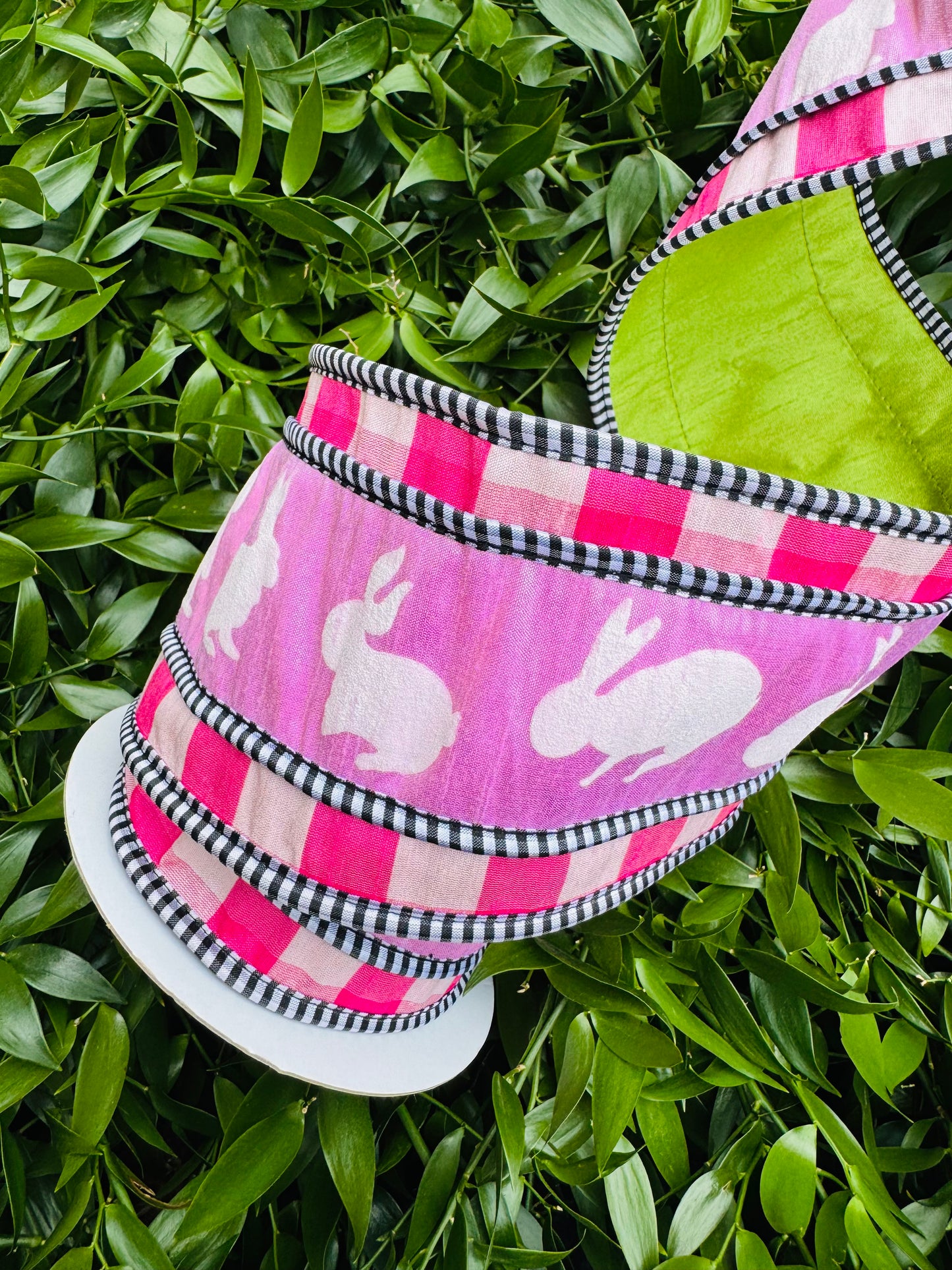 JME heavy wired ribbon. Light Pink Bunny Band on Pink Check with Black/White Trim and Lime Back 4"x 5YDS