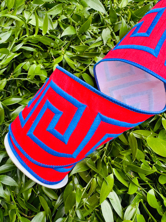 JME heavy wired ribbon. RED/BLUE Embroidered Greek Key Pattern 4"x 5YDS