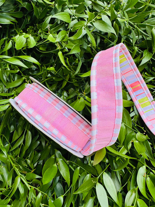 JME heavy wired ribbon. LIGHT PINK Dupion with Lime/Pink Striped  Back 1"x 10YDS