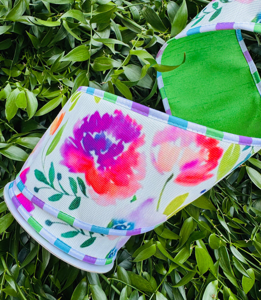 JME heavy wired ribbon. Watercolor Florals with Striped Trim and GREEN Dupion Back 4"x 10YDS