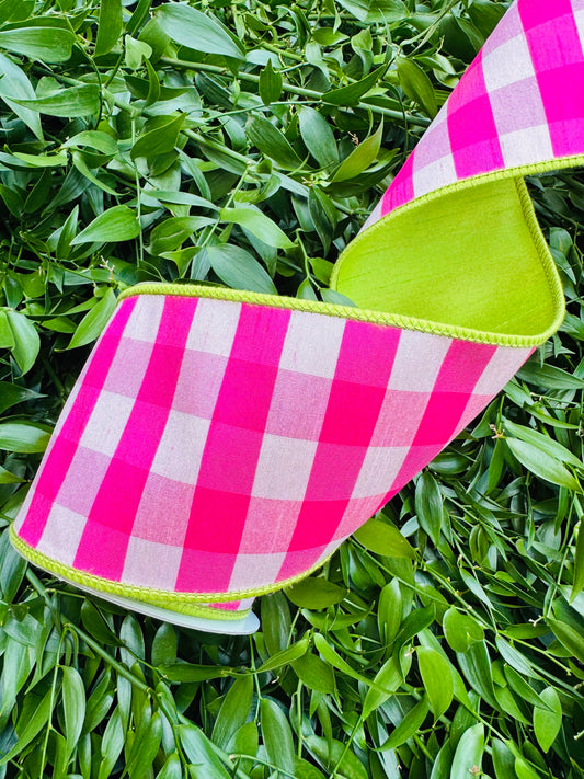 JME heavy wired ribbon. HOT PINK Check with Lime Dupion Trim and Back 4"x 10YDS