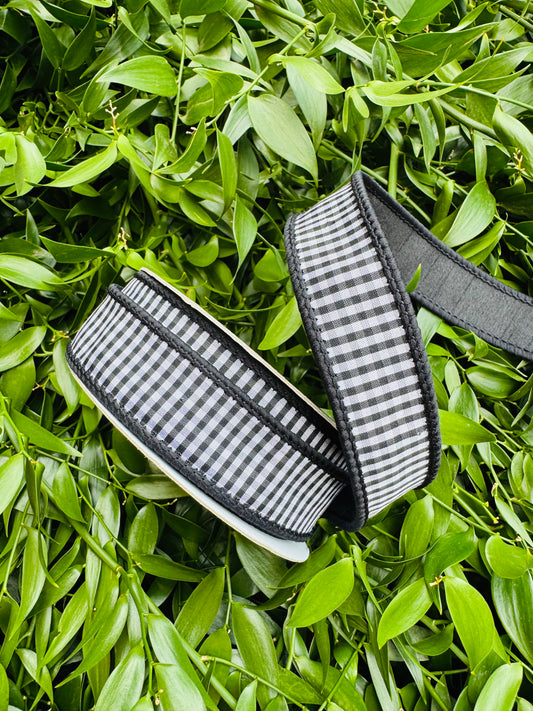 JME heavy wired ribbon. BLACK/WHITE Mini Check with Black Dupion Back 1"x 10YDS