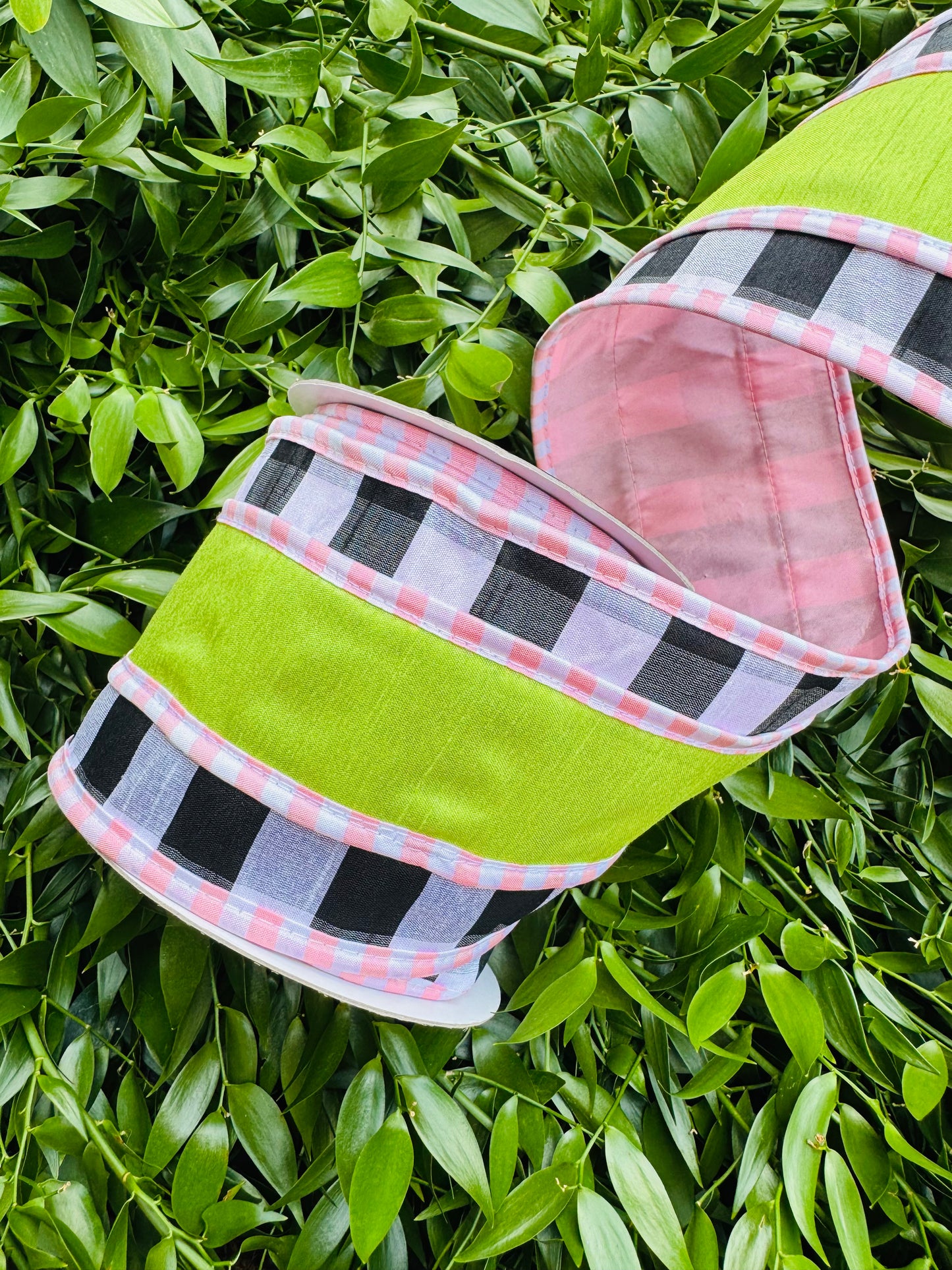 JME heavy wired ribbon. LIME Band on Black/White Check with Pink/White Check Trim 4"x 10YDS