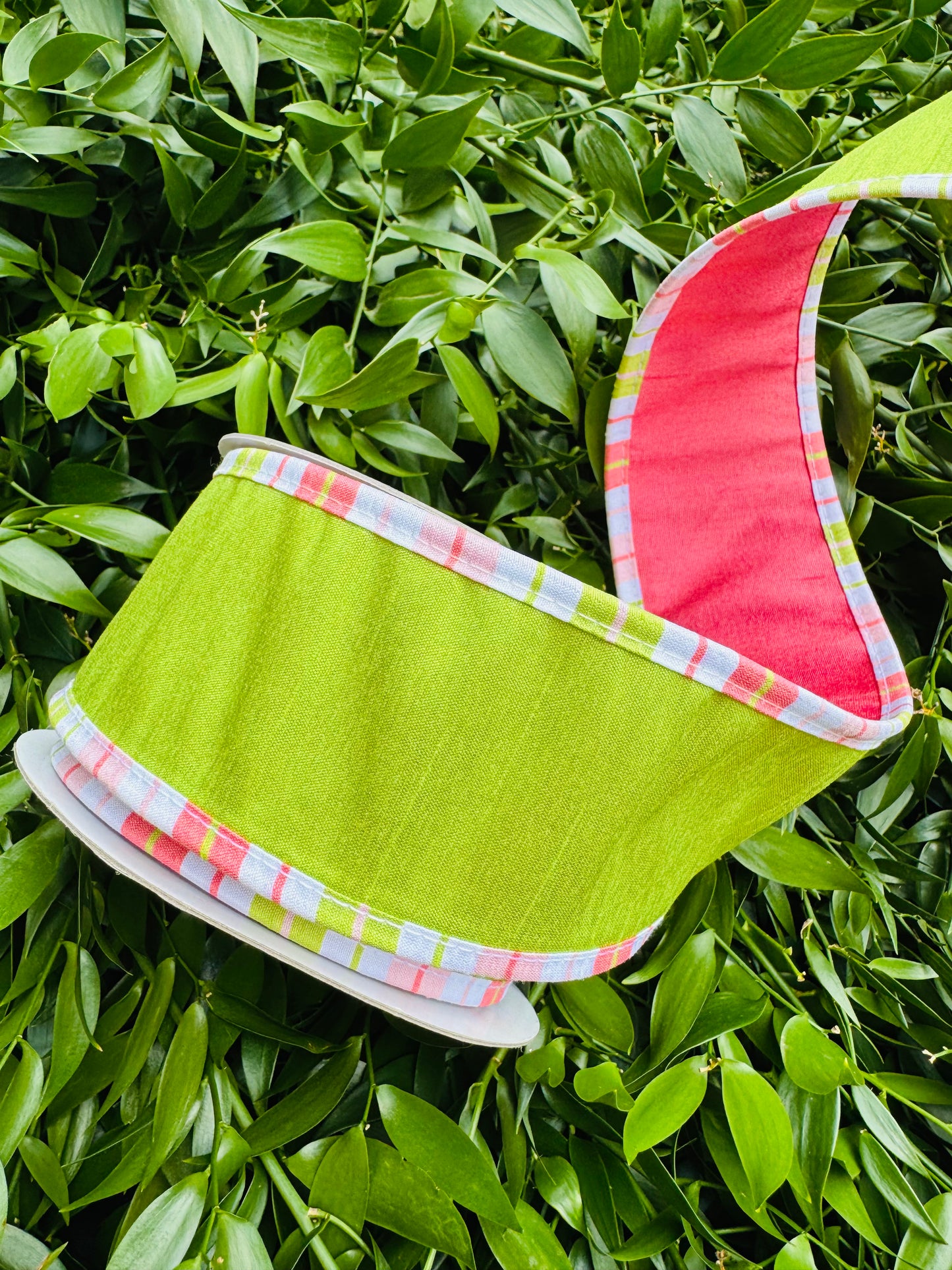JME heavy wired ribbon. LIME Dupion with Lime/Pink Striped Trim and HOT PINK Back 2.5"x 10YDS