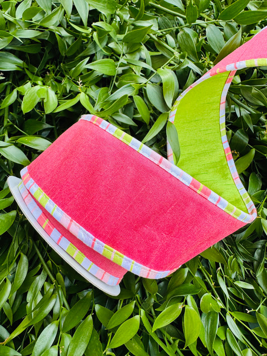 JME heavy wired ribbon. HOT PINK Dupion with Lime/Pink Striped Trim and LIME Back 2.5"x 10YDS
