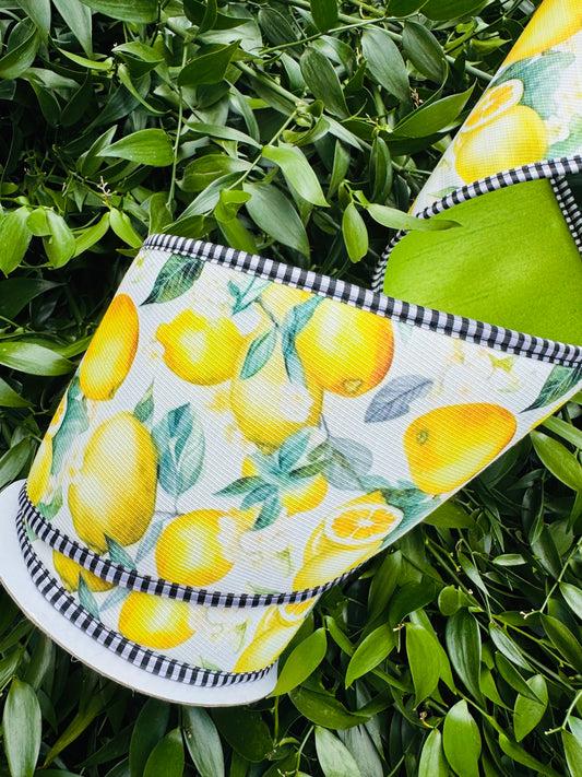 JME heavy wired ribbon. Watercolor Lemons with Lime Green Back and Black/White Striped Trim 4"x 10YDS