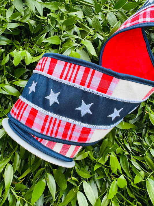 JME heavy wired ribbon. NAVY/WHITE Star Band on Red/White Plaid with Red Dupion Back 4"x 5YDS