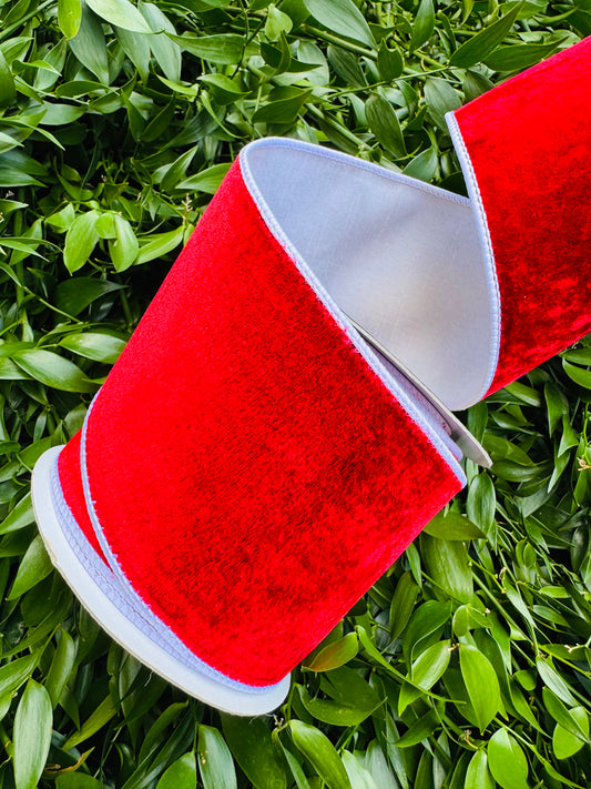 JME Heavy Wired Ribbon. Red velvet with White taffeta backing 4" x 10yds.