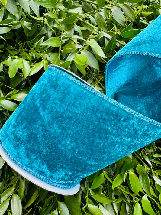 JME heavy wired ribbon. TURQUOISE velvet backed with metallic TURQUOISE dupion. 4“ x 10 yards
