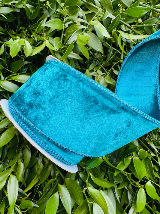 JME heavy wired ribbon. TURQUOISE velvet backed with metallic TURQUOISE dupion. 2.5“ x 10 yards