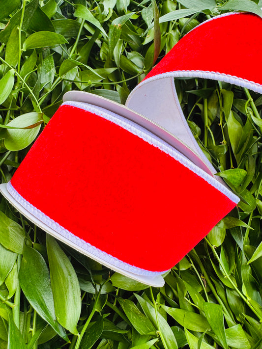 JME heavy wired ribbon. Red velvet with White taffeta back 2.5" x 10 yards