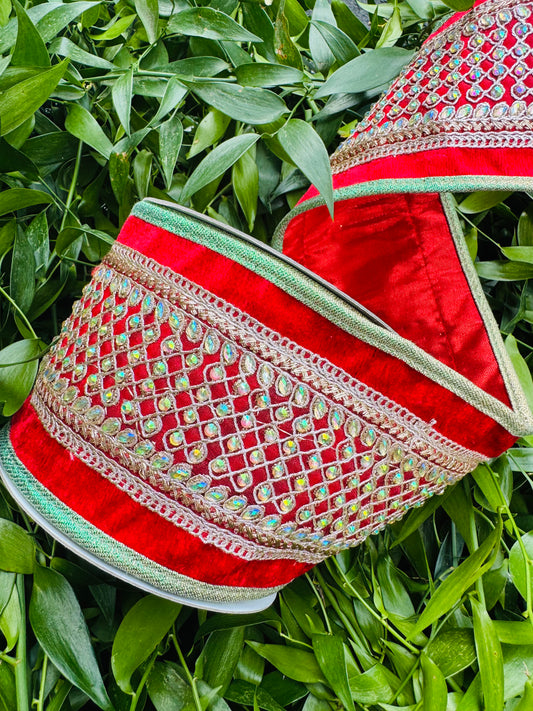 JME heavy wired ribbon double fused,  Red velvet with jeweled band and Green piping with Red dupion metallic back 4"x 5yds
