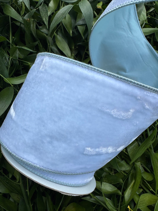 JME heavy wired ribbon. White velvet with soft Blue taffeta back 4" x 10 yards